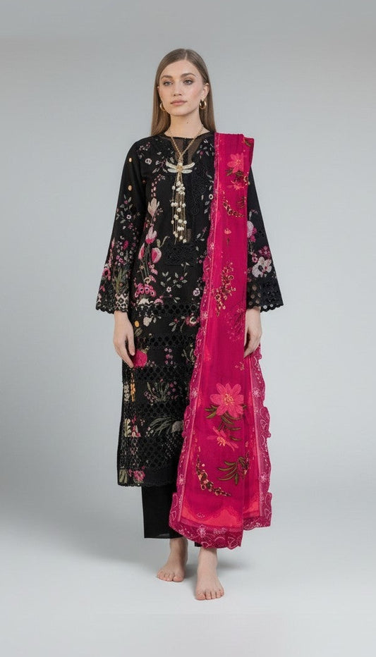 Crimson lawn print and embroidered