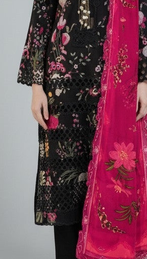 Crimson lawn print and embroidered